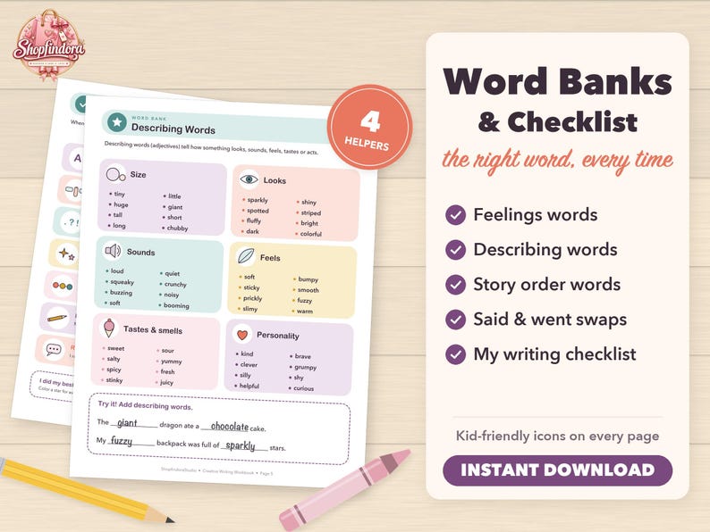 Puede incluir: Una hoja de trabajo imprimible titulada Word Banks & Checklist que presenta categor&iacute;as para sentimientos, palabras descriptivas, orden de historias y listas de verificaci&oacute;n. La p&aacute;gina incluye secciones de tama&ntilde;o, apariencia, sonidos, sensaciones, gustos, olores y personalidad con un ejercicio de completar espacios.