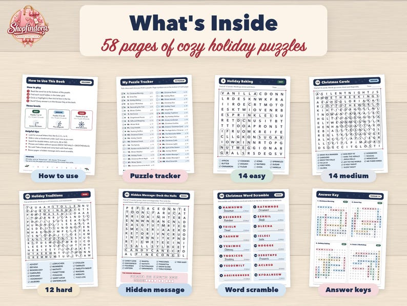 Puede incluir: Un libro de acertijos titulado What's Inside 58 pages of cozy holiday puzzles, que presenta ocho p&aacute;ginas que incluyen How to Use This Book, Puzzle Tracker, Holiday Baking, Christmas Carols, Holiday Traditions, Hidden Message, Word Scramble y Answer Keys.