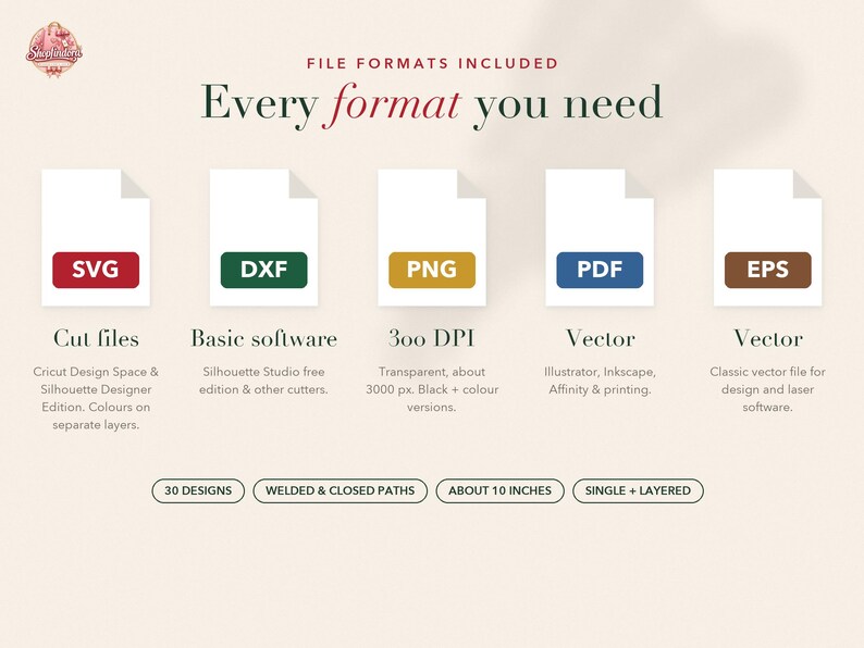Op de afbeelding: Een gids voor digitale bestandsformaten met vijf iconen gelabeld SVG, DXF, PNG, PDF en EPS. De tekst bevat 'Every format you need', 'Cut files', 'Basic software', '300 DPI', 'Vector' en '30 designs, welded & closed paths, about 10 inches'.