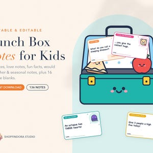 May include: A digital graphic featuring printable lunch box notes for kids, displaying a teal lunch box with a smiling face, an apple, and a sandwich. Several note cards are shown with text including jokes, facts, and love notes.