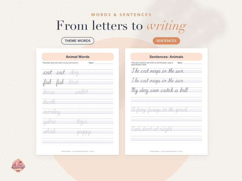 May include: Two educational handwriting practice worksheets titled Words & Sentences: From letters to writing. The left sheet features Animal Words for tracing, while the right sheet provides Sentences: Animals for practice with lined paper formatting.