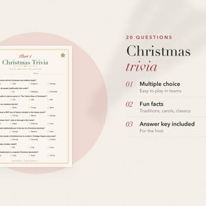 Op de afbeelding: Een printbaar kerst trivia spelblad met 20 vragen, voorzien van een rood ornament en een gouden ster icoon. De tekst bevat 'Part 1 Christmas Trivia', '20 QUESTIONS', 'Multiple choice', 'Fun facts' en 'Answer key included' in zwart en rood.