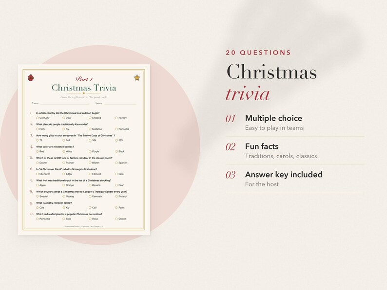 Op de afbeelding: Een printbaar kerst trivia spelblad met 20 vragen, voorzien van een rood ornament en een gouden ster icoon. De tekst bevat 'Part 1 Christmas Trivia', '20 QUESTIONS', 'Multiple choice', 'Fun facts' en 'Answer key included' in zwart en rood.