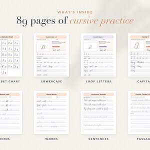 May include: A collection of 89 pages of cursive practice worksheets featuring an alphabet chart, lowercase and capital letters, loop letters, letter joins, animal words, sentences, and passages with lines for writing practice and instructional text.
