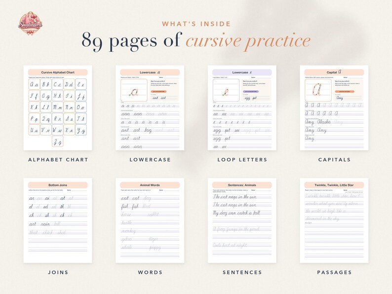 May include: A collection of 89 pages of cursive practice worksheets featuring an alphabet chart, lowercase and capital letters, loop letters, letter joins, animal words, sentences, and passages with lines for writing practice and instructional text.