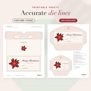 May include: Printable sheets with accurate die lines for a cash card, pocket, and two envelopes. The design features a poinsettia graphic, the text Merry Christmas, and a light pink dotted pattern. Instructions for assembly are included on the page.