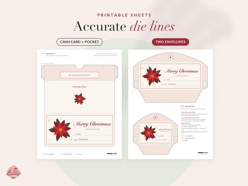 May include: Printable sheets with accurate die lines for a cash card, pocket, and two envelopes. The design features a poinsettia graphic, the text Merry Christmas, and a light pink dotted pattern. Instructions for assembly are included on the page.