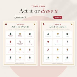Op de afbeelding: Een printbaar teamspel genaamd Act it or draw it met twee aparte vellen. Het ene vel bevat opdrachten om uit te beelden, het andere om te tekenen. Elk vel bevat een raster van twaalf kerstgerelateerde iconen en bijbehorende tekst.