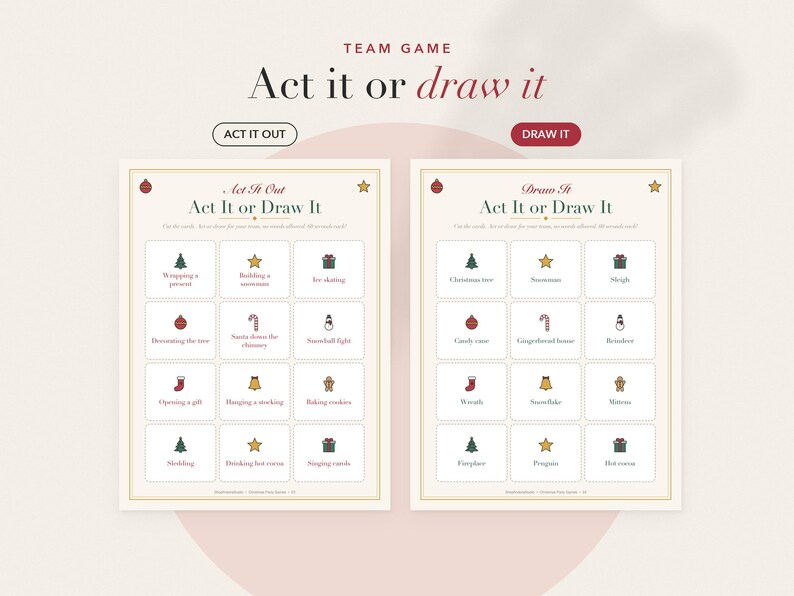Op de afbeelding: Een printbaar teamspel genaamd Act it or draw it met twee aparte vellen. Het ene vel bevat opdrachten om uit te beelden, het andere om te tekenen. Elk vel bevat een raster van twaalf kerstgerelateerde iconen en bijbehorende tekst.