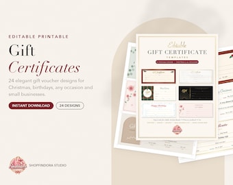 May include: A collection of editable printable gift certificate templates featuring 24 distinct designs. The text includes "Editable GIFT CERTIFICATE TEMPLATES" and "24 PRINTABLE DESIGNS + CHRISTMAS & ALL OCCASIONS" with various layouts for holidays and birthdays.
