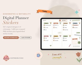 Adesivos de planejador digital, adesivos GoodNotes, 560 adesivos PNG pré-cortados em 3 cores, livro de adesivos digitais, adesivos de planejador para iPad