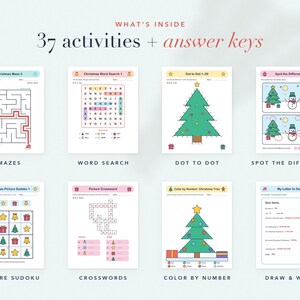 Puede incluir: Una colecci&oacute;n de 37 hojas de actividades con tem&aacute;tica navide&ntilde;a que incluyen laberintos, sopas de letras, unir puntos, buscar diferencias, sudokus de im&aacute;genes, crucigramas, colorear por n&uacute;meros y p&aacute;ginas para dibujar y escribir.