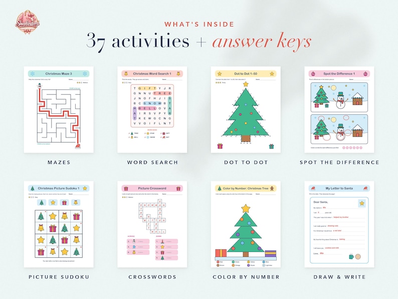 Puede incluir: Una colecci&oacute;n de 37 hojas de actividades con tem&aacute;tica navide&ntilde;a que incluyen laberintos, sopas de letras, unir puntos, buscar diferencias, sudokus de im&aacute;genes, crucigramas, colorear por n&uacute;meros y p&aacute;ginas para dibujar y escribir.