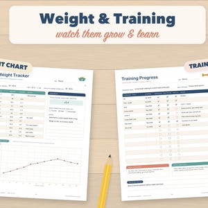 May include: Two white printed pages titled Weight & Training, Weight Tracker, and Training Progress. The Weight Tracker includes a table and a line graph for weight data in lbs. The Training Progress page features a checklist for commands and skills. A yellow pencil is placed between the two sheets.