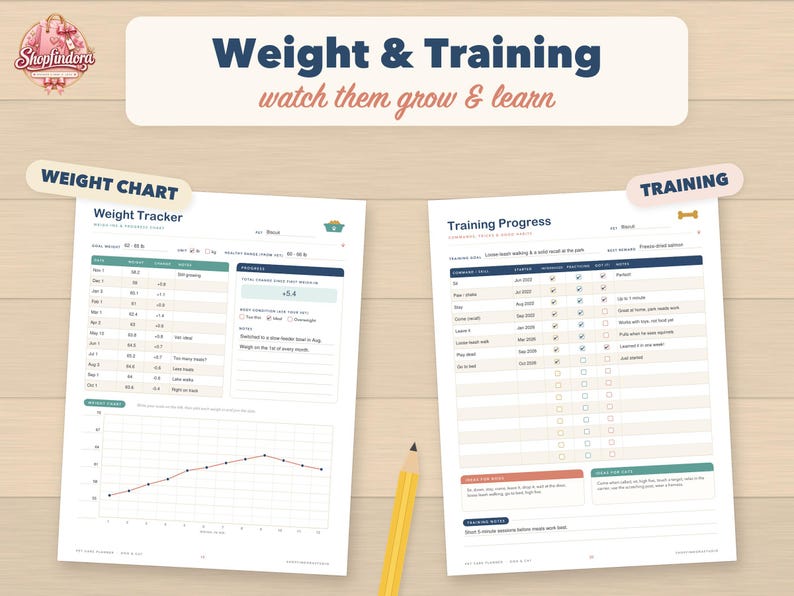 May include: Two white printed pages titled Weight & Training, Weight Tracker, and Training Progress. The Weight Tracker includes a table and a line graph for weight data in lbs. The Training Progress page features a checklist for commands and skills. A yellow pencil is placed between the two sheets.