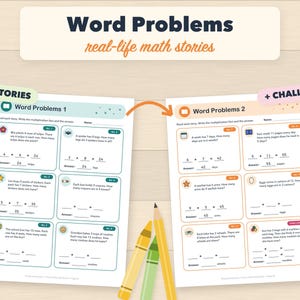 K&ouml;nnte beinhalten: Zwei p&auml;dagogische Arbeitsbl&auml;tter mit dem Titel Word Problems 1 und Word Problems 2, die mathematische Sachaufgaben zur Multiplikation enthalten. Die Seiten umfassen zw&ouml;lf nummerierte Aufgaben mit Symbolen, leeren Feldern f&uuml;r Gleichungen und Antworten. Drei Buntstifte sind sichtbar.