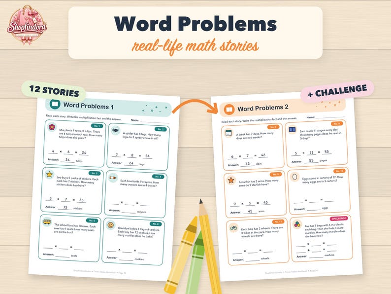 K&ouml;nnte beinhalten: Zwei p&auml;dagogische Arbeitsbl&auml;tter mit dem Titel Word Problems 1 und Word Problems 2, die mathematische Sachaufgaben zur Multiplikation enthalten. Die Seiten umfassen zw&ouml;lf nummerierte Aufgaben mit Symbolen, leeren Feldern f&uuml;r Gleichungen und Antworten. Drei Buntstifte sind sichtbar.