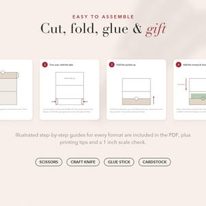 May include: An instructional graphic titled Easy to Assemble: Cut, fold, glue & gift. It features four numbered steps with diagrams for creating a paper pocket, plus text listing required tools: scissors, craft knife, glue stick, and cardstock.