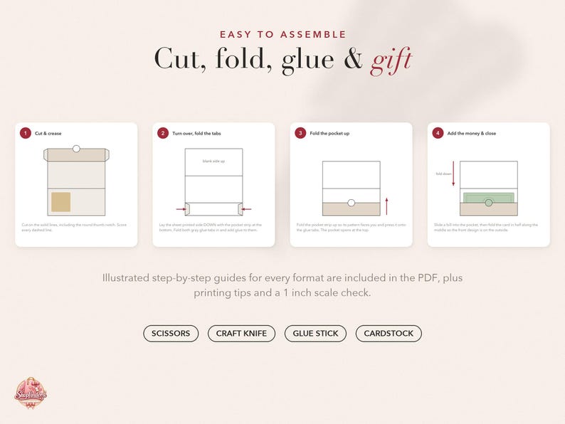 May include: An instructional graphic titled Easy to Assemble: Cut, fold, glue & gift. It features four numbered steps with diagrams for creating a paper pocket, plus text listing required tools: scissors, craft knife, glue stick, and cardstock.