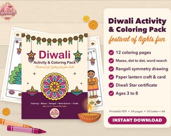 Pacote de atividades de Diwali para crianças, páginas para colorir de Diwali, desenhos de Rangoli para colorir, folhas de atividades para o Festival das Luzes, PDF imprimível para pré-escola