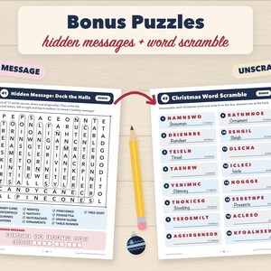 Puede incluir: Dos hojas de actividades imprimibles tituladas Bonus Puzzles que incluyen una sopa de letras llamada Hidden Message: Deck the Halls y un juego de palabras desordenadas navide&ntilde;as con diecis&eacute;is elementos numerados, un l&aacute;piz amarillo y un peque&ntilde;o adorno azul.