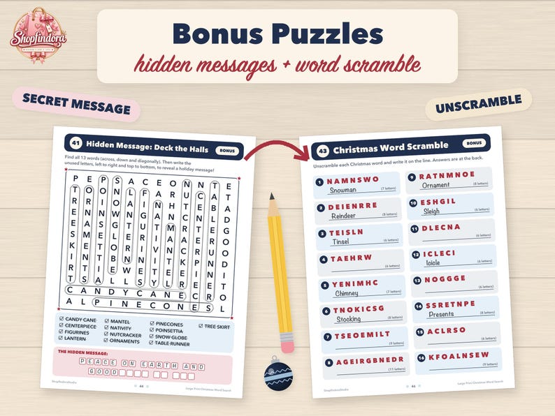 Puede incluir: Dos hojas de actividades imprimibles tituladas Bonus Puzzles que incluyen una sopa de letras llamada Hidden Message: Deck the Halls y un juego de palabras desordenadas navide&ntilde;as con diecis&eacute;is elementos numerados, un l&aacute;piz amarillo y un peque&ntilde;o adorno azul.