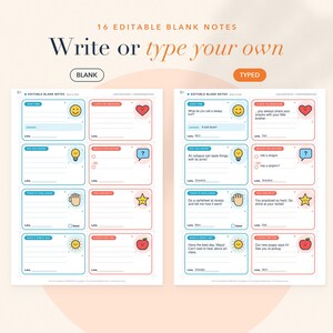 May include: Two sheets of 16 editable blank notes featuring blue and red bordered rectangles with icons like a smiley face, lightbulb, hand, sun, heart, question bubble, star, and apple. The text reads 16 EDITABLE BLANK NOTES Write or type your own.