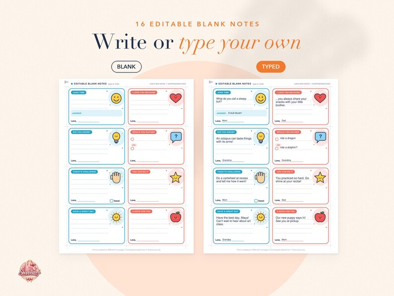 May include: Two sheets of 16 editable blank notes featuring blue and red bordered rectangles with icons like a smiley face, lightbulb, hand, sun, heart, question bubble, star, and apple. The text reads 16 EDITABLE BLANK NOTES Write or type your own.