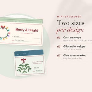 May include: Two mini envelopes with festive designs. One features a string of colourful lights and the text Merry & Bright, measuring 16.10 by 7.14 cm. The other features mistletoe and Season's Greetings, measuring 9.07 by 5.89 cm.