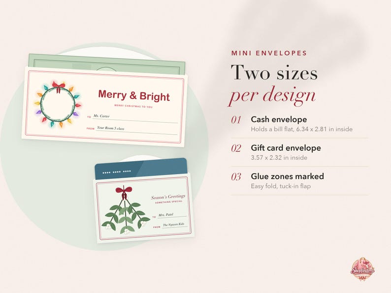 May include: Two mini envelopes with festive designs. One features a string of colourful lights and the text Merry & Bright, measuring 16.10 by 7.14 cm. The other features mistletoe and Season's Greetings, measuring 9.07 by 5.89 cm.