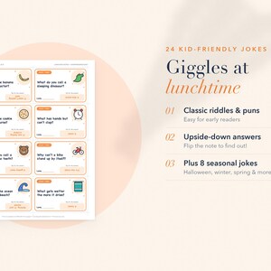 May include: A printable sheet of 24 kid-friendly lunchbox notes featuring jokes, riddles, and puns. Each card includes a question, a small colorful icon, and an upside-down answer. The text includes 'Giggles at lunchtime' and '24 KID-FRIENDLY JOKES'.