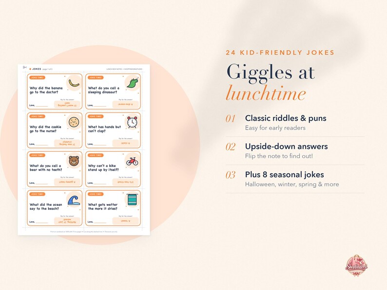 May include: A printable sheet of 24 kid-friendly lunchbox notes featuring jokes, riddles, and puns. Each card includes a question, a small colorful icon, and an upside-down answer. The text includes 'Giggles at lunchtime' and '24 KID-FRIENDLY JOKES'.