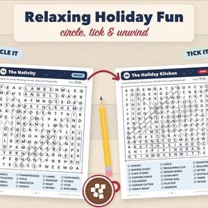 Puede incluir: Dos hojas de sopas de letras tituladas Relaxing Holiday Fun, The Nativity y The Holiday Kitchen. Las p&aacute;ginas muestran cuadr&iacute;culas de letras con palabras rodeadas, listas de t&eacute;rminos, un l&aacute;piz amarillo y una taza de chocolate caliente.