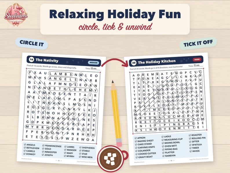 Puede incluir: Dos hojas de sopas de letras tituladas Relaxing Holiday Fun, The Nativity y The Holiday Kitchen. Las p&aacute;ginas muestran cuadr&iacute;culas de letras con palabras rodeadas, listas de t&eacute;rminos, un l&aacute;piz amarillo y una taza de chocolate caliente.