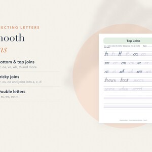 May include: A handwriting practice worksheet titled Top Joins featuring rows of cursive letter combinations and words like brown, boat, moon, seven, when, and wood. The page includes instructional text about connecting letters, bottom and top joins, tricky joins, and double letters.