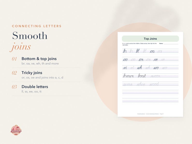 May include: A handwriting practice worksheet titled Top Joins featuring rows of cursive letter combinations and words like brown, boat, moon, seven, when, and wood. The page includes instructional text about connecting letters, bottom and top joins, tricky joins, and double letters.