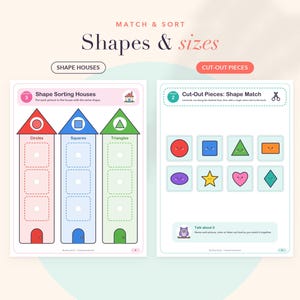 Op de afbeelding: Educatieve werkbladen getiteld Match & Sort Shapes & Sizes. Het linkerblad bevat drie huisvormige kolommen voor het sorteren van cirkels, vierkanten en driehoeken. Het rechterblad bevat acht uit te knippen vormen zoals een ster en hart.