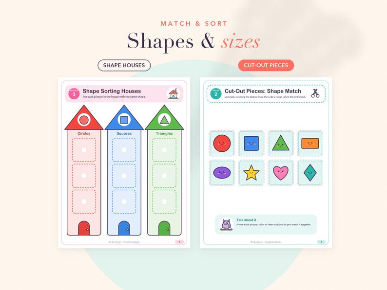 Op de afbeelding: Educatieve werkbladen getiteld Match & Sort Shapes & Sizes. Het linkerblad bevat drie huisvormige kolommen voor het sorteren van cirkels, vierkanten en driehoeken. Het rechterblad bevat acht uit te knippen vormen zoals een ster en hart.