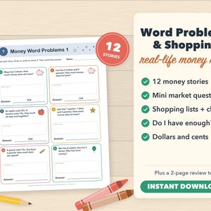 Puede incluir: Una hoja de trabajo educativa imprimible titulada Money Word Problems 1 que presenta seis problemas matem&aacute;ticos con ilustraciones de una alcanc&iacute;a, manzana, estrella, l&aacute;piz y globo, junto a una tarjeta con 12 historias de dinero.