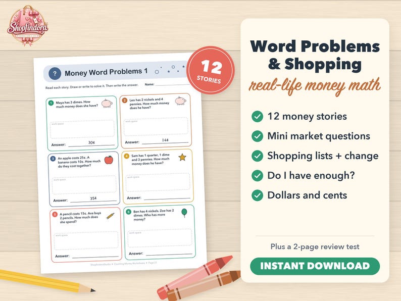 Puede incluir: Una hoja de trabajo educativa imprimible titulada Money Word Problems 1 que presenta seis problemas matem&aacute;ticos con ilustraciones de una alcanc&iacute;a, manzana, estrella, l&aacute;piz y globo, junto a una tarjeta con 12 historias de dinero.