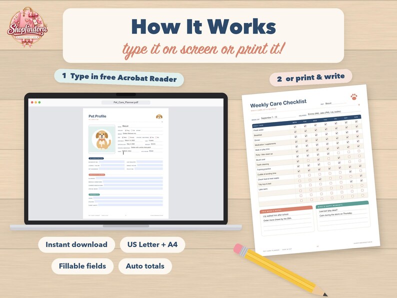 May include: A digital pet care planner template displayed on a laptop screen and a printed weekly care checklist. The text includes How It Works, type it on screen or print it, Pet Profile, and Weekly Care Checklist. A yellow pencil is included.