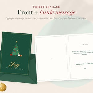 May include: A 5x7 inch folded Christmas greeting card featuring a dark green cover with a gold star-topped tree, red ornaments, and the text Joy TO THE WORLD. The inside displays a printed holiday message and the signature With love, The Patel Family.