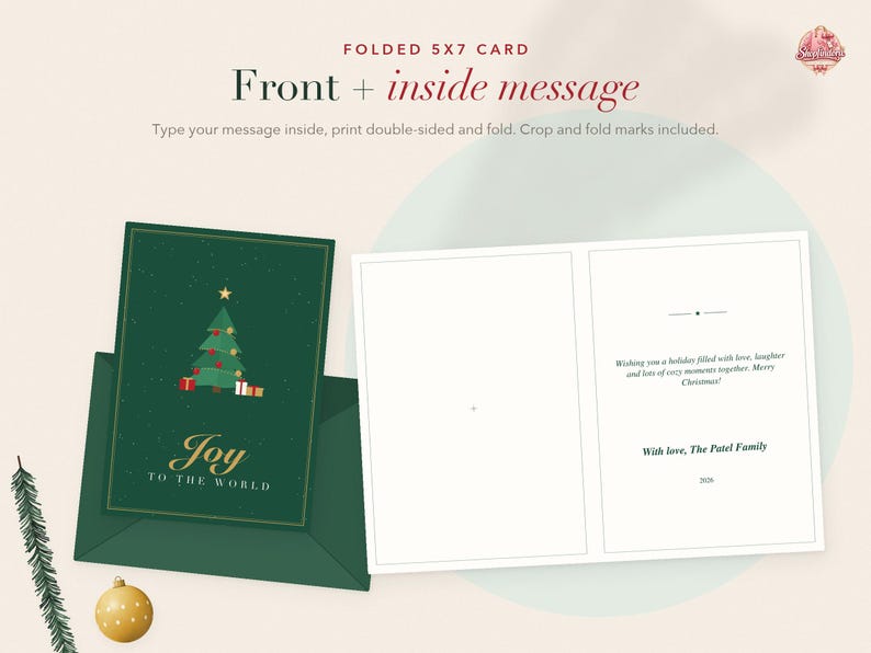 May include: A 5x7 inch folded Christmas greeting card featuring a dark green cover with a gold star-topped tree, red ornaments, and the text Joy TO THE WORLD. The inside displays a printed holiday message and the signature With love, The Patel Family.