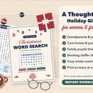 Puede incluir: Un libro de sopas de letras navide&ntilde;as para adultos y personas mayores con letra grande, que presenta una portada con adornos festivos, una cuadr&iacute;cula de palabras y una lista de beneficios que incluyen descarga instant&aacute;nea.