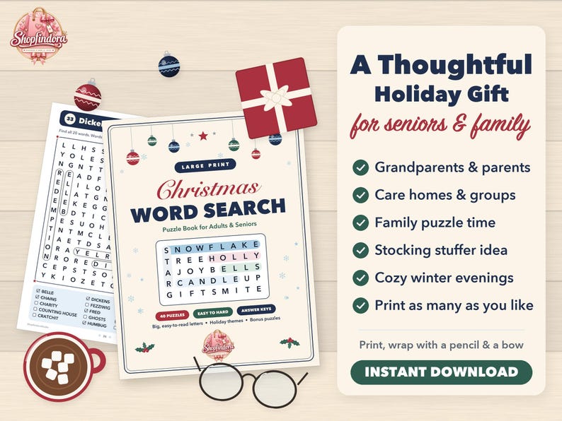 Puede incluir: Un libro de sopas de letras navide&ntilde;as para adultos y personas mayores con letra grande, que presenta una portada con adornos festivos, una cuadr&iacute;cula de palabras y una lista de beneficios que incluyen descarga instant&aacute;nea.