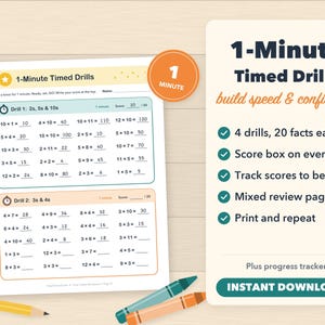 K&ouml;nnte beinhalten: Ein ausdruckbares Mathe-Arbeitsblatt mit dem Titel 1-Minute Timed Drills mit Multiplikationsaufgaben, einem Punktefeld und einem Fortschrittstracker. Das Dokument enth&auml;lt Text mit 4 drills, 20 facts each, track scores to beat, mixed review pages und instant download.