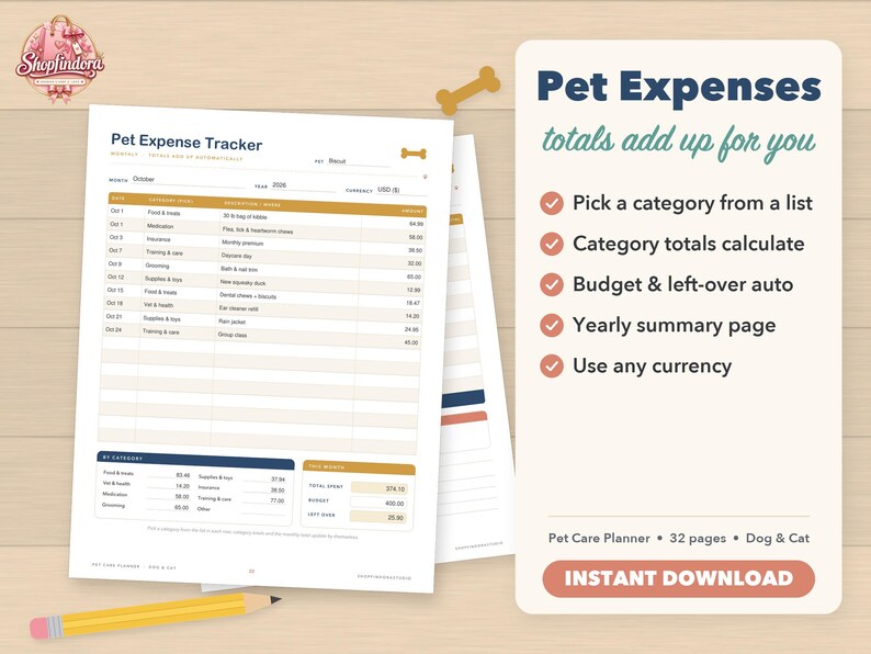 May include: A digital pet expense tracker document featuring a monthly log, category totals, and a summary section. The text reads Pet Expense Tracker, Pet Expenses totals add up for you, and Instant Download. Includes a yellow pencil and bone icon.