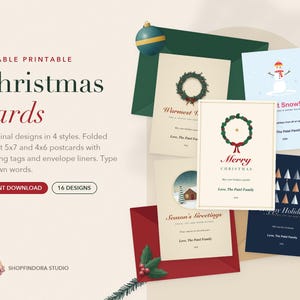 May include: A collection of editable printable Christmas cards featuring 16 original designs in 4 styles, including folded 5x7, flat 5x7, and 4x6 postcards with matching tags and envelope liners, displayed with festive holiday graphics and text.