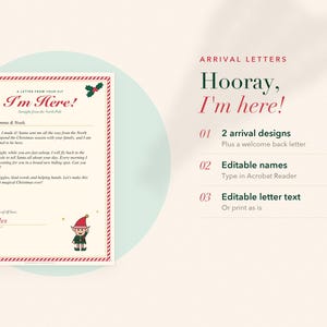 Op de afbeelding: Een printbare kerstelf-aankomstbrief met een rood-witte gestreepte rand, hulstaccenten en een cartoon-elf. De tekst bevat 'A Letter From Your Elf', 'I'm Here!' en 'Jingles'. De afbeelding vermeldt ook 'Arrival Letters', '2 arrival designs', 'Editable names' en 'Editable letter text'.