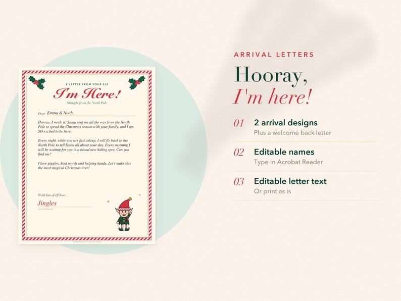 Op de afbeelding: Een printbare kerstelf-aankomstbrief met een rood-witte gestreepte rand, hulstaccenten en een cartoon-elf. De tekst bevat 'A Letter From Your Elf', 'I'm Here!' en 'Jingles'. De afbeelding vermeldt ook 'Arrival Letters', '2 arrival designs', 'Editable names' en 'Editable letter text'.